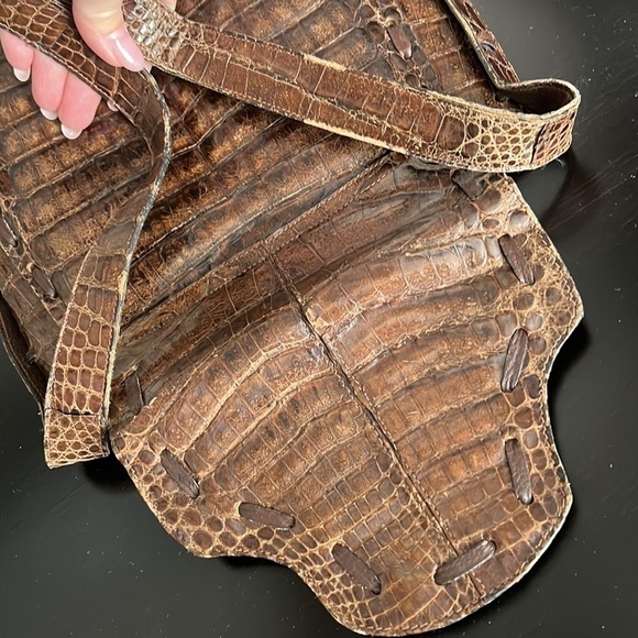 Real croc skin Vintage artisan made shoulder bag, brown. Hand made